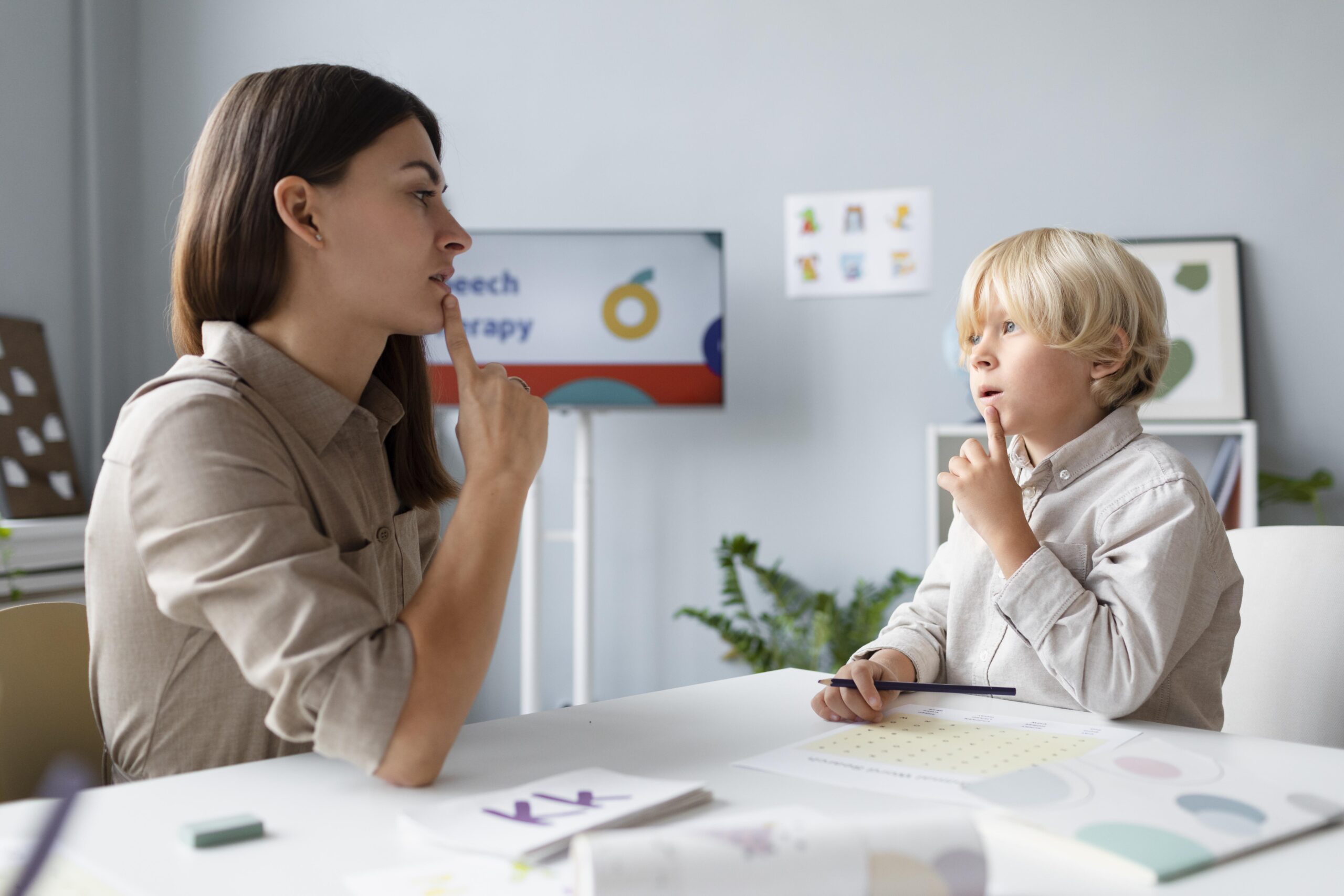 woman doing speech therapy with a blond boy