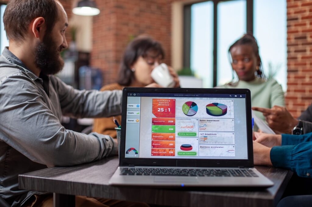 laptop that displays business analysis