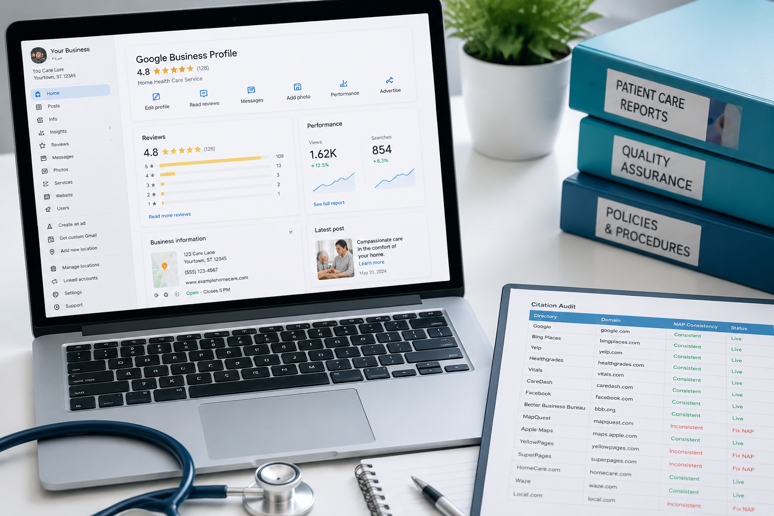 healthcare administrator's desk with a laptop screen showing a Google Business Profile dashboard