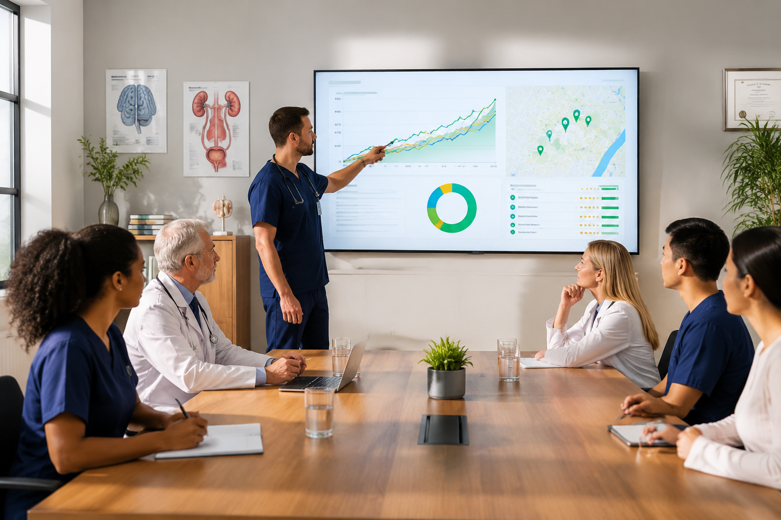 Wide-angle view of a diverse home care team meeting around a conference table with a large wall-mounted screen