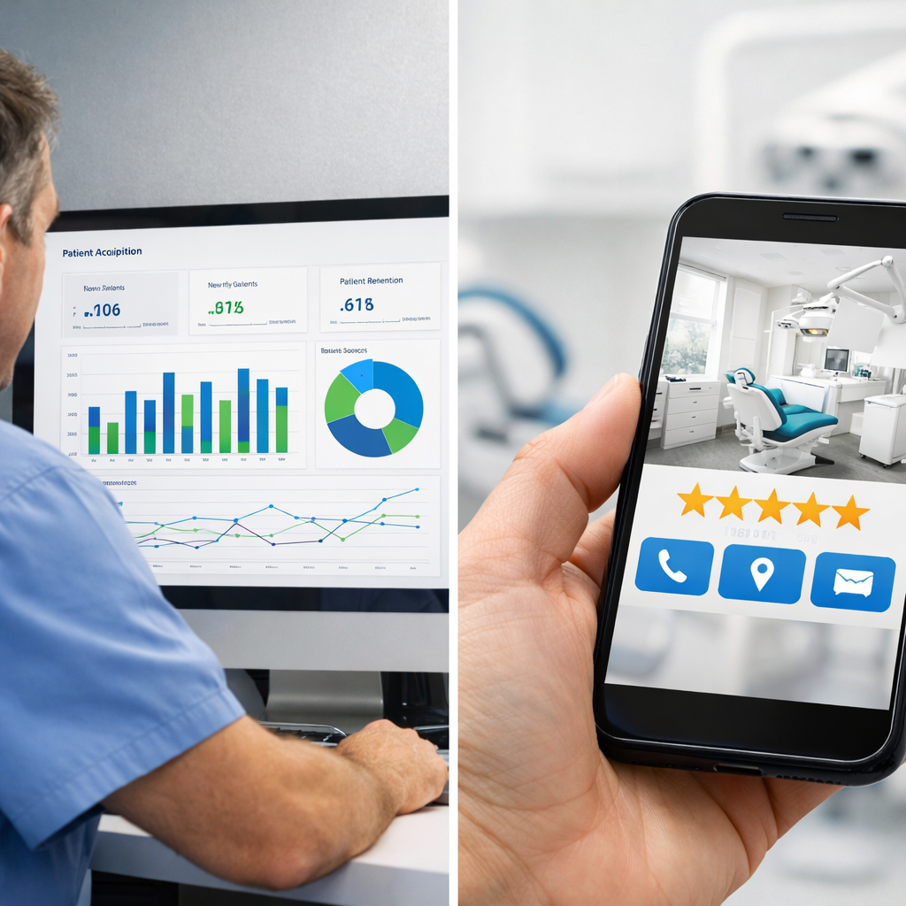 monitor showing patient acquisition metrics, and a smartphone showing a Google Business Profile