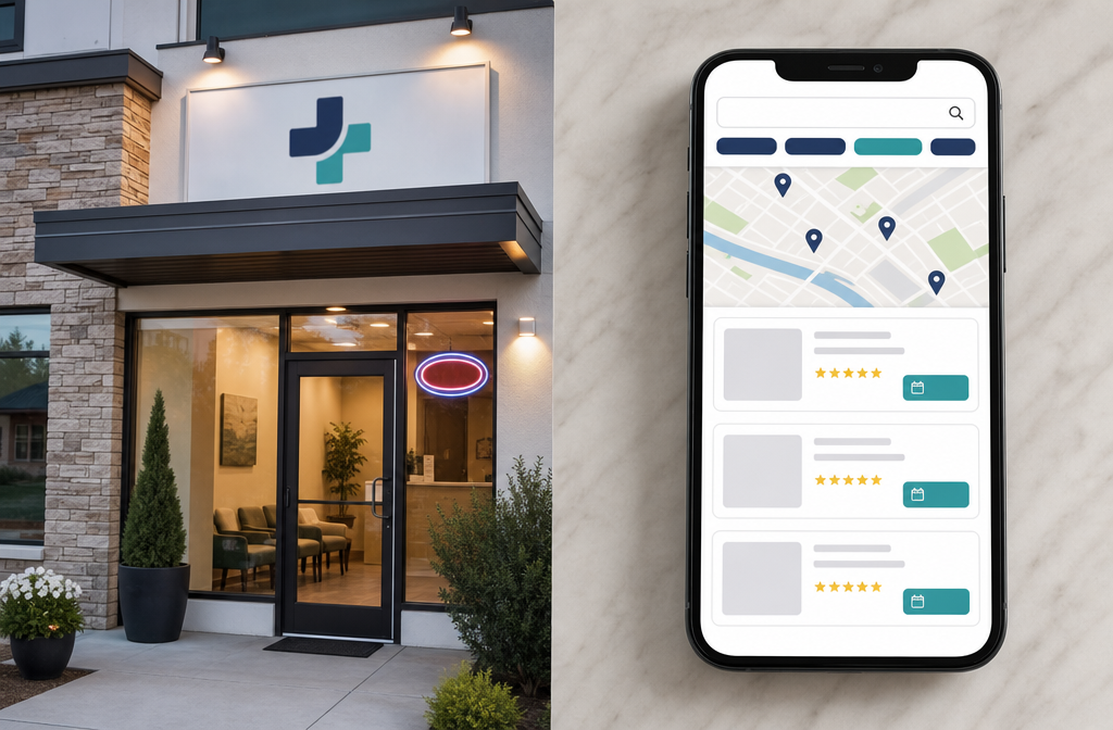 Entrance of a clinic and a phone with a map